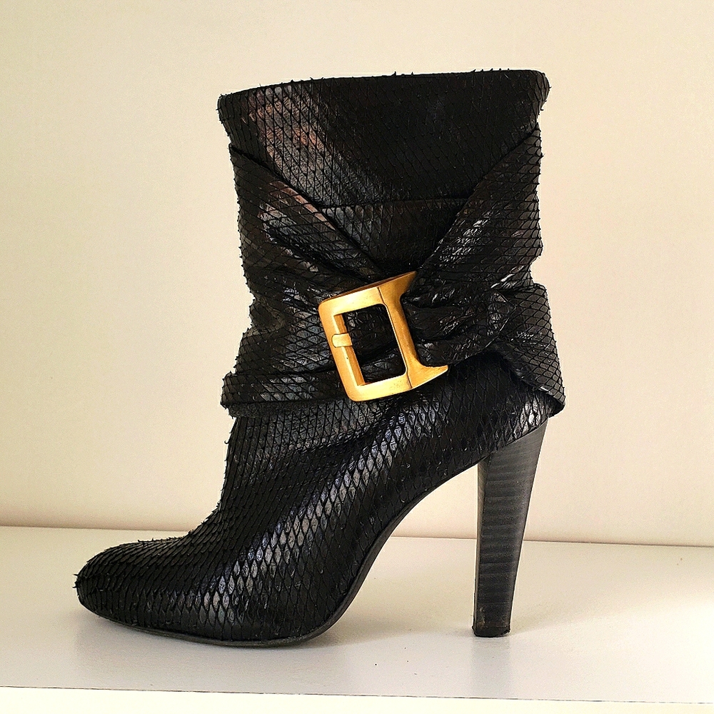 BCBG MAXAZRIA Booties, Gold Buckle, Snakeskin